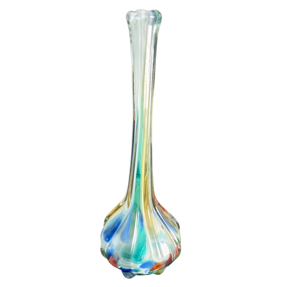 Vintage Hand Blown Glass Vase Multicolored Ribbed Bulbous Long Neck Murano Style